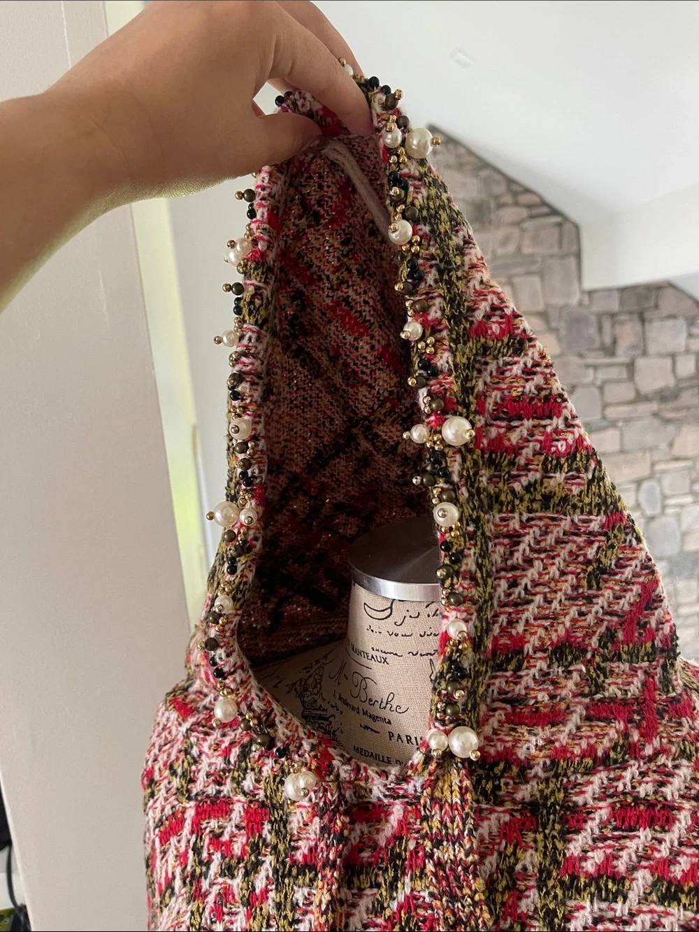 Zara Red, White & Green Tweed Pearl-Trim Hooded Jacket